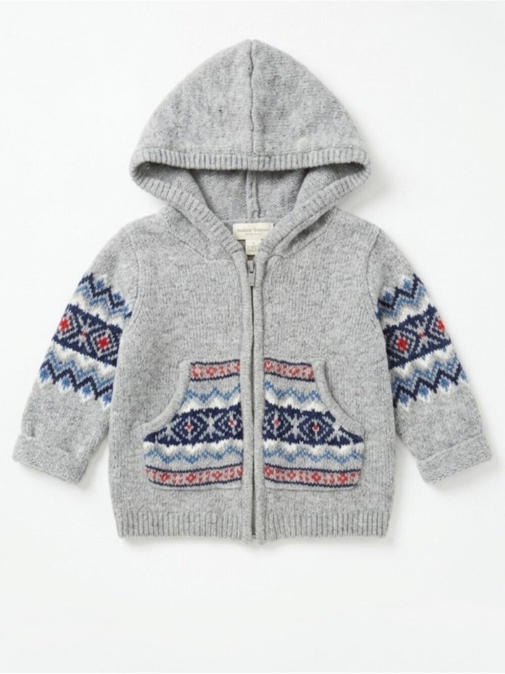 Baby Bgosh Gray Fair Isle Knit Hooded Cardigan Sweater Boys Size 0-3M Unisex